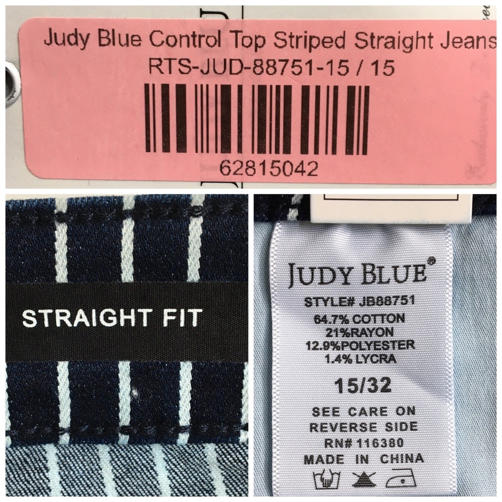 Judy Blue Tummy Control Striped Blue White Straight Leg Jeans Size 15/32 - Picture 13 of 17